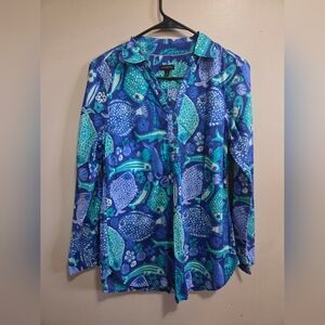 Talbots Women's Small L/S Top, Blue And Green Fish Print, Button Neckline
